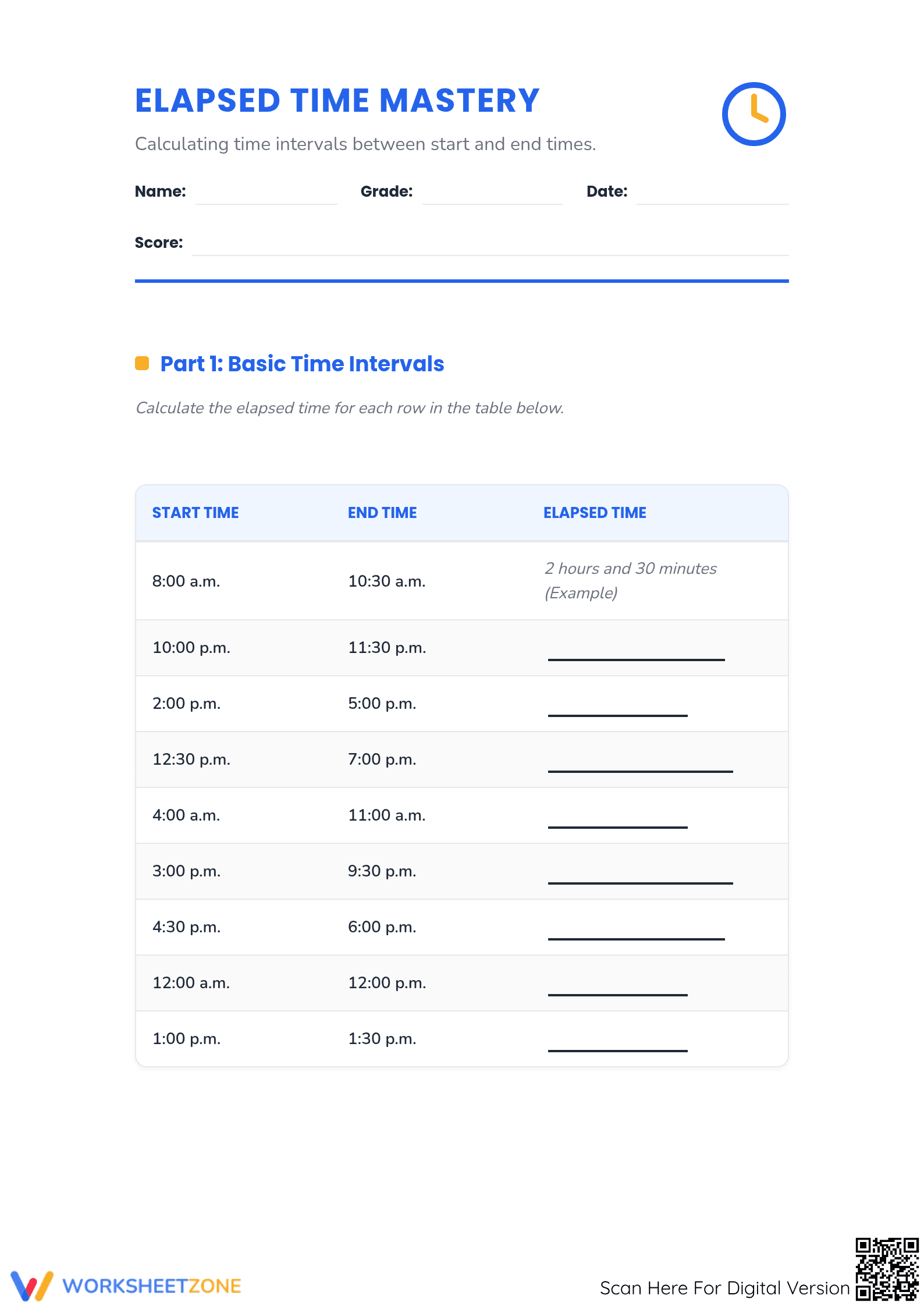 Printable Elapsed Time Mastery Worksheet | Grades 5-6 - Page 1