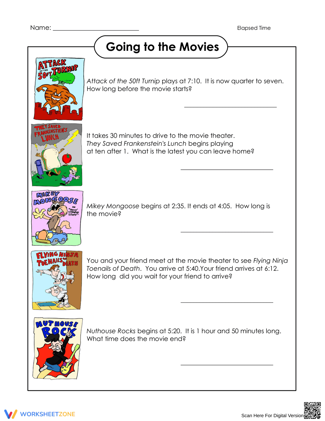 Elapsed Time Worksheet for Kids | Movie Time Practice - Page 1