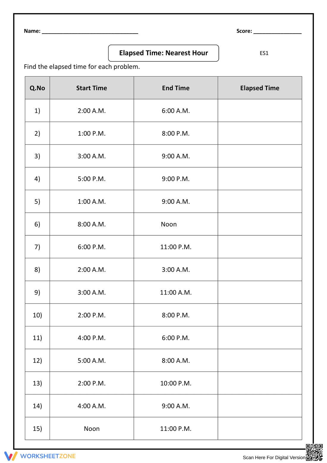 Elapsed Time to Nearest Hour: Practice - Page 1