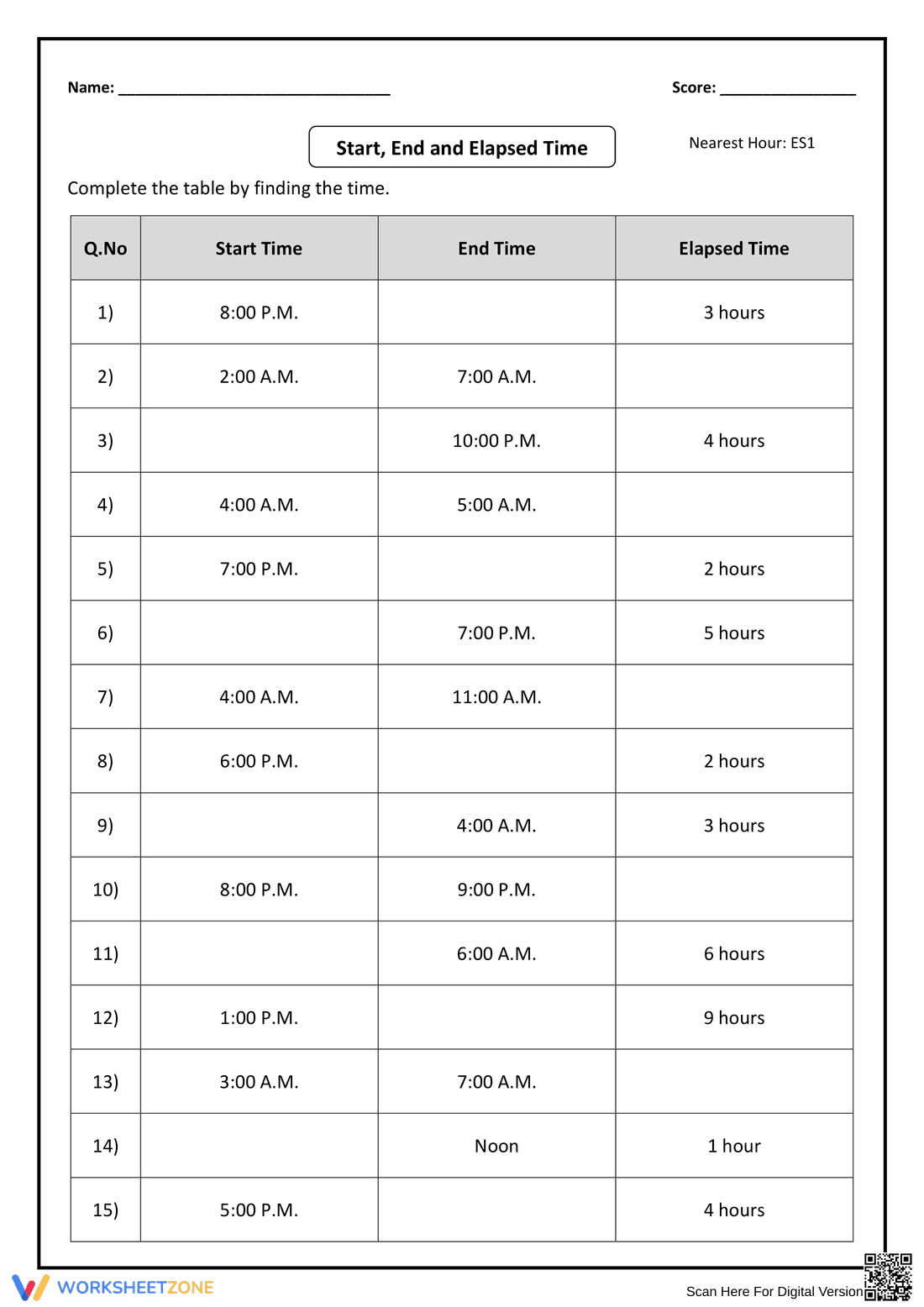 Start, End & Elapsed Time: Practice Problems - Page 1