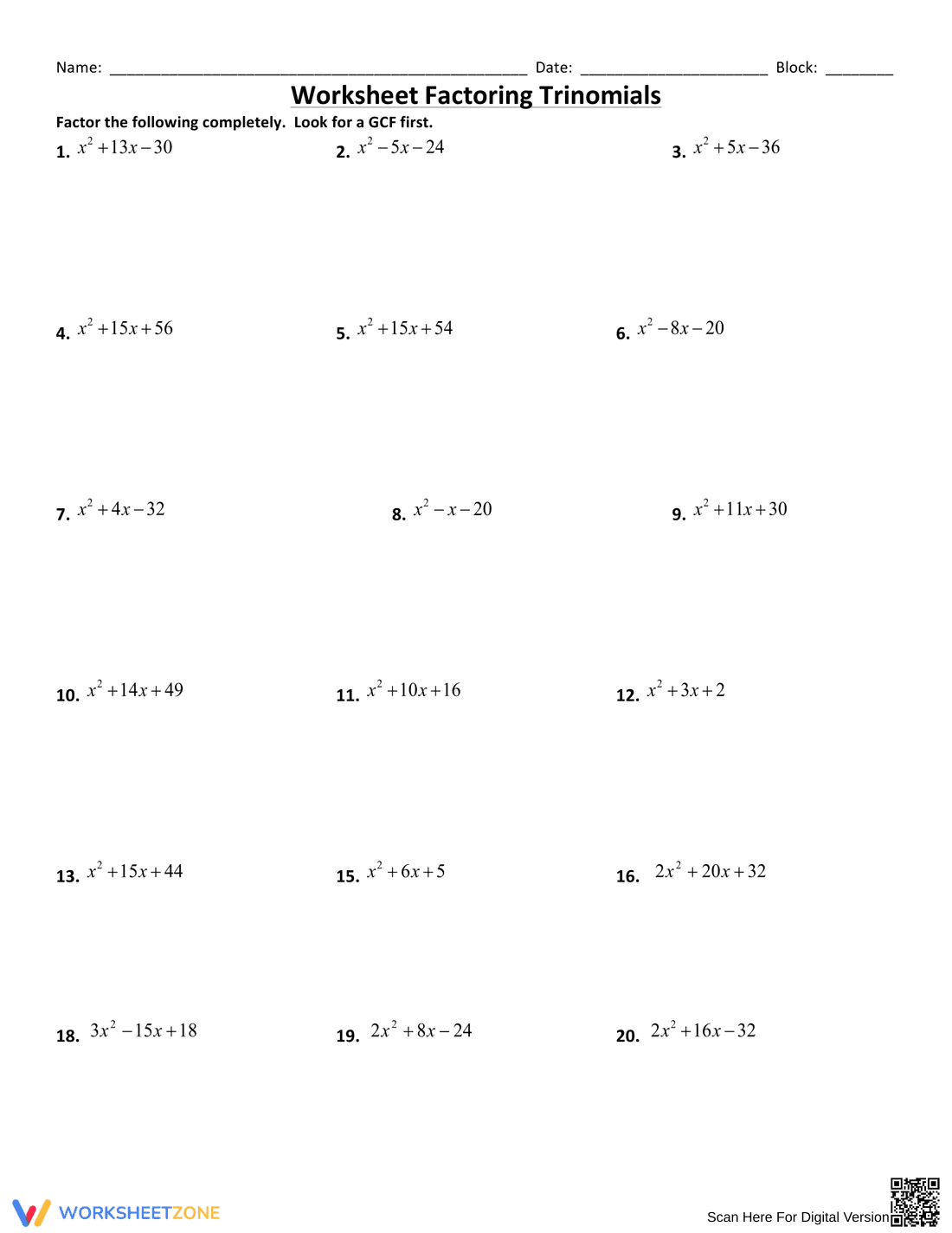 Factoring Trinomials Practice Problems - Page 1