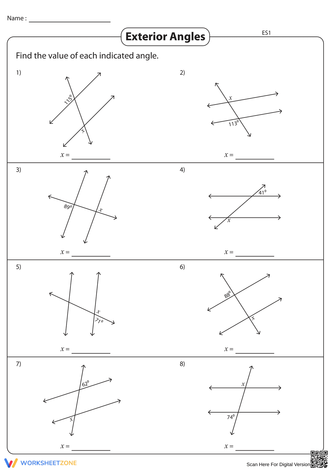 Exterior Angles Practice Worksheet for Geometry Students - Page 1