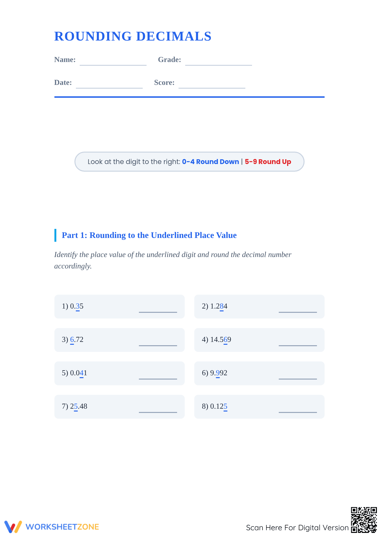 Printable Rounding Decimals Worksheet | Grade 7-9 Math - Page 1