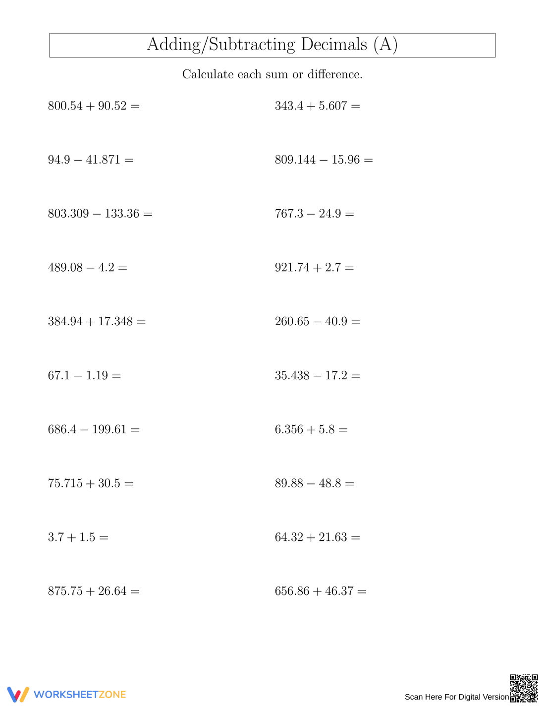 Adding Subtracting Decimals Worksheet - Page 1