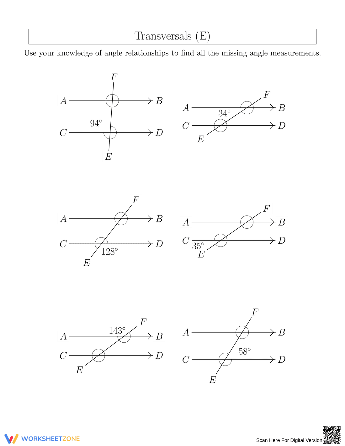 Transversals (E) – Angle Relationships Worksheet - Page 1