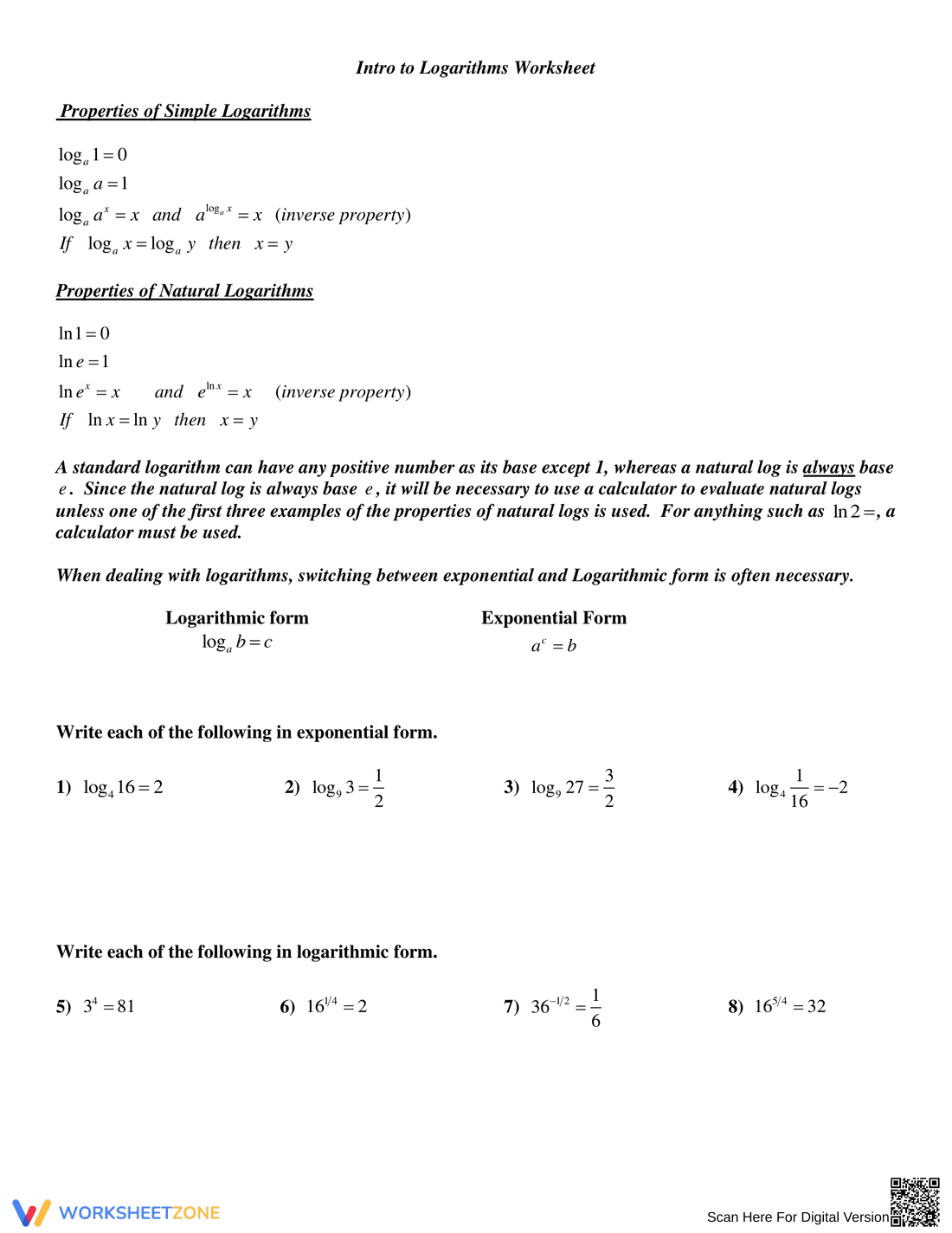 Introduction to Logarithms Worksheet - Page 1