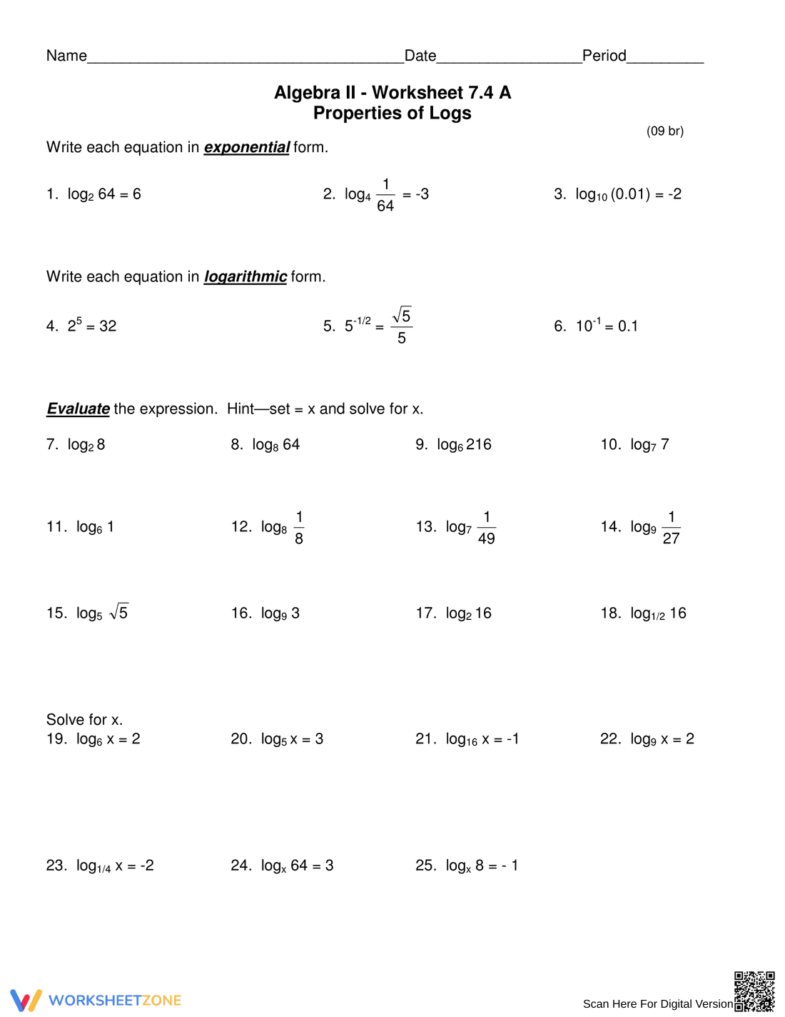 Practice Properties of Logs - Page 1