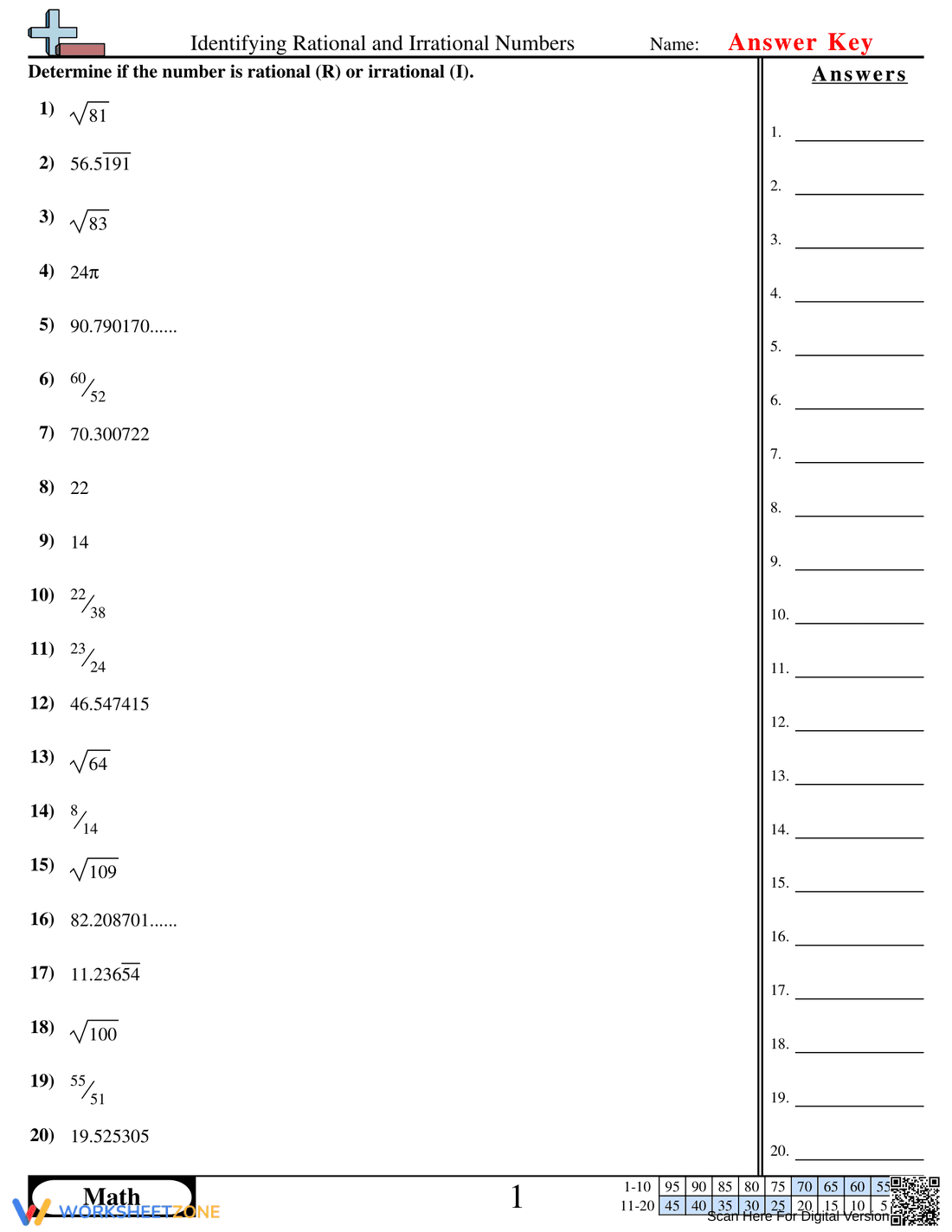 Identify Rational and Irrational Numbers - Page 1