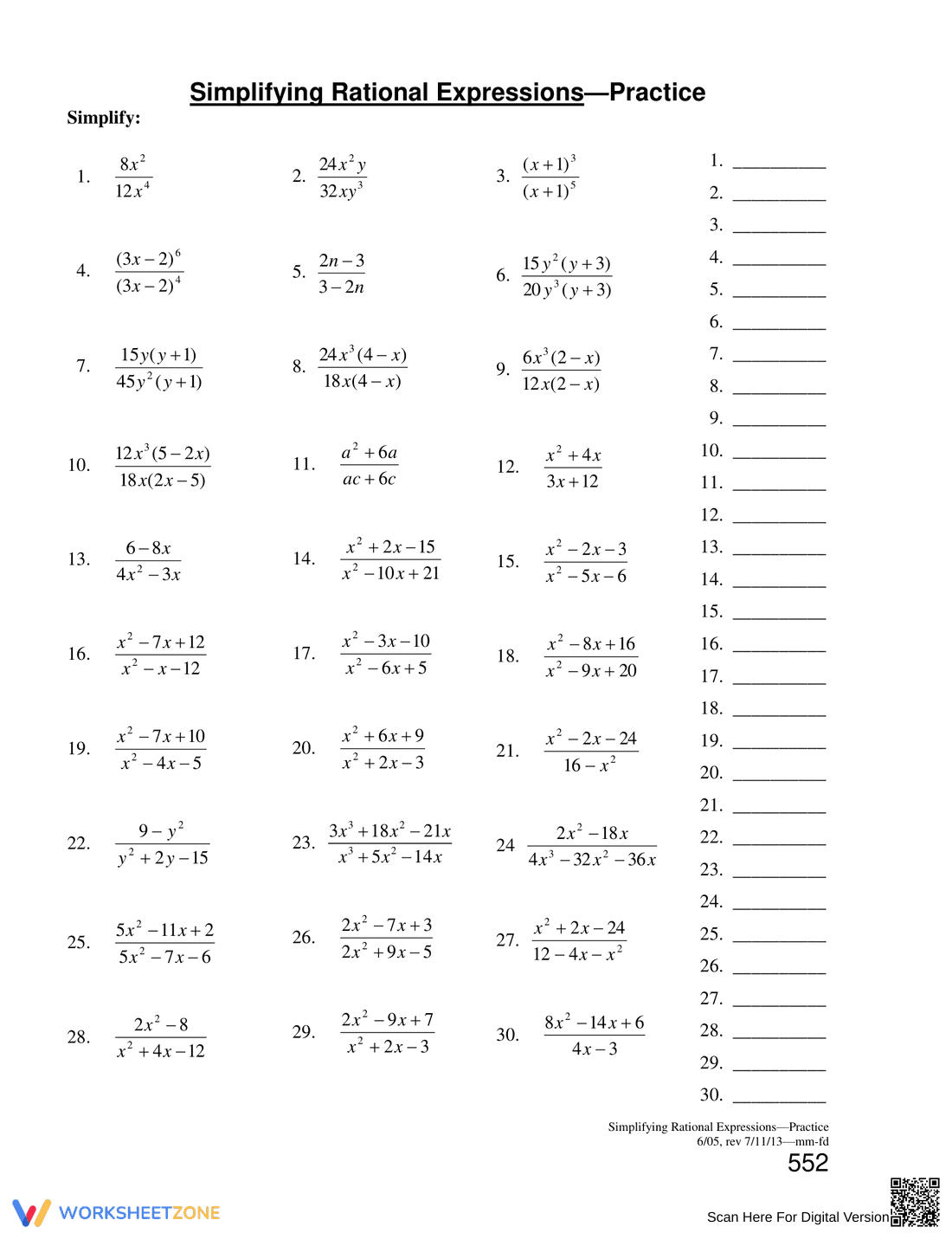 Simplifying Rational Expressions Worksheet - Page 1