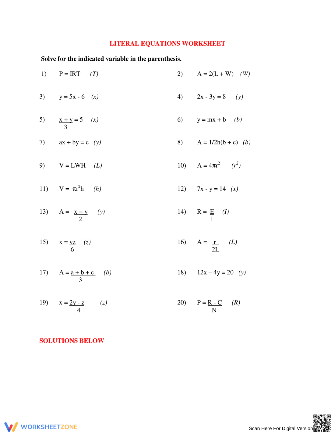 Practice Solving Literal Equations - Page 1
