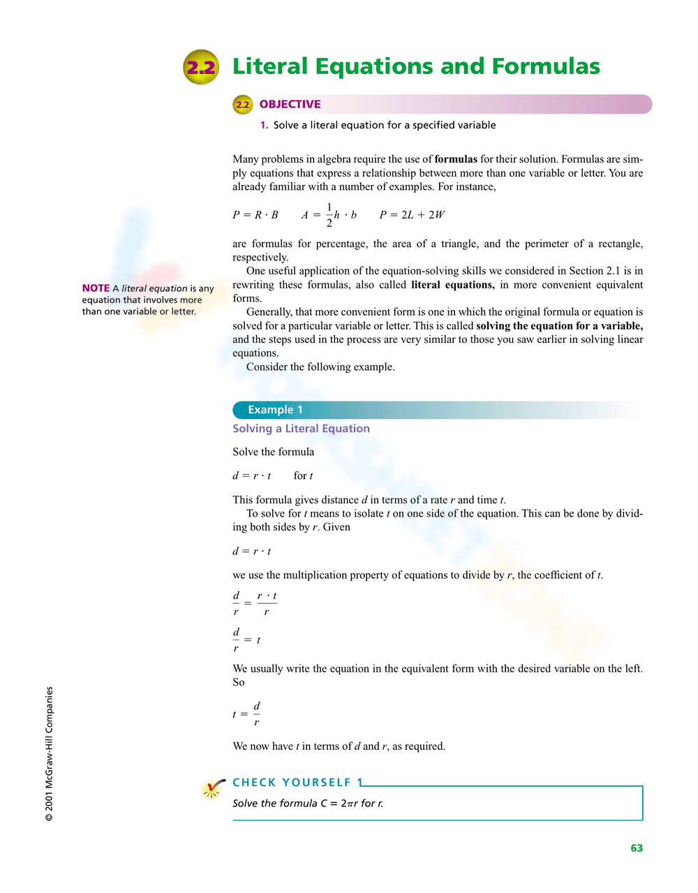 Solving Literal Equations and Formulas - Page 1