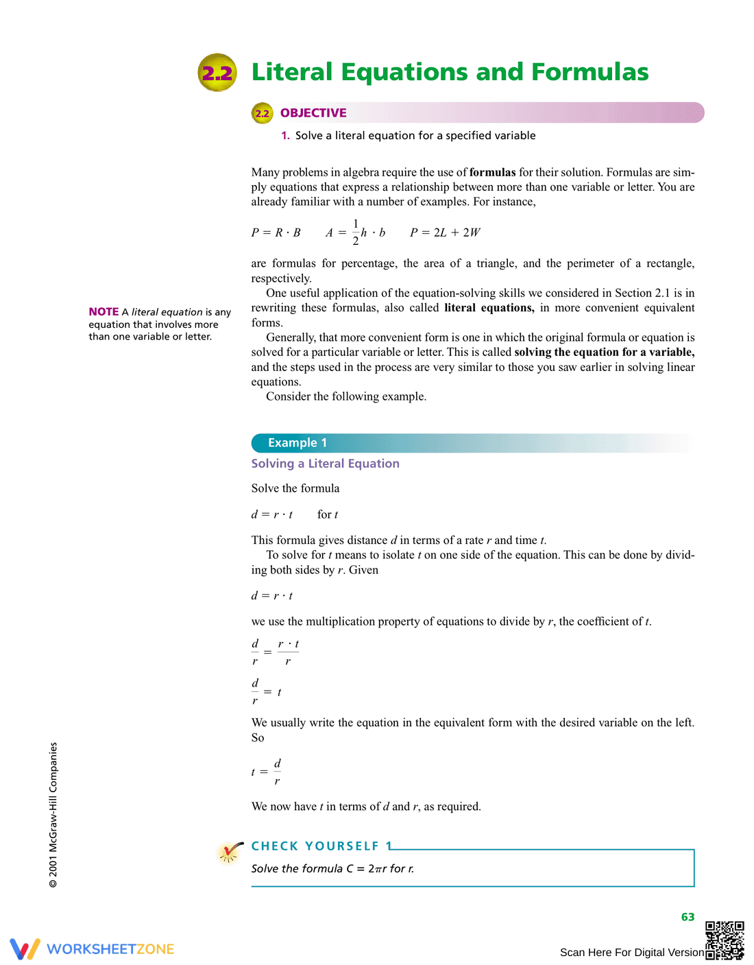 Solving Literal Equations and Formulas - Page 1