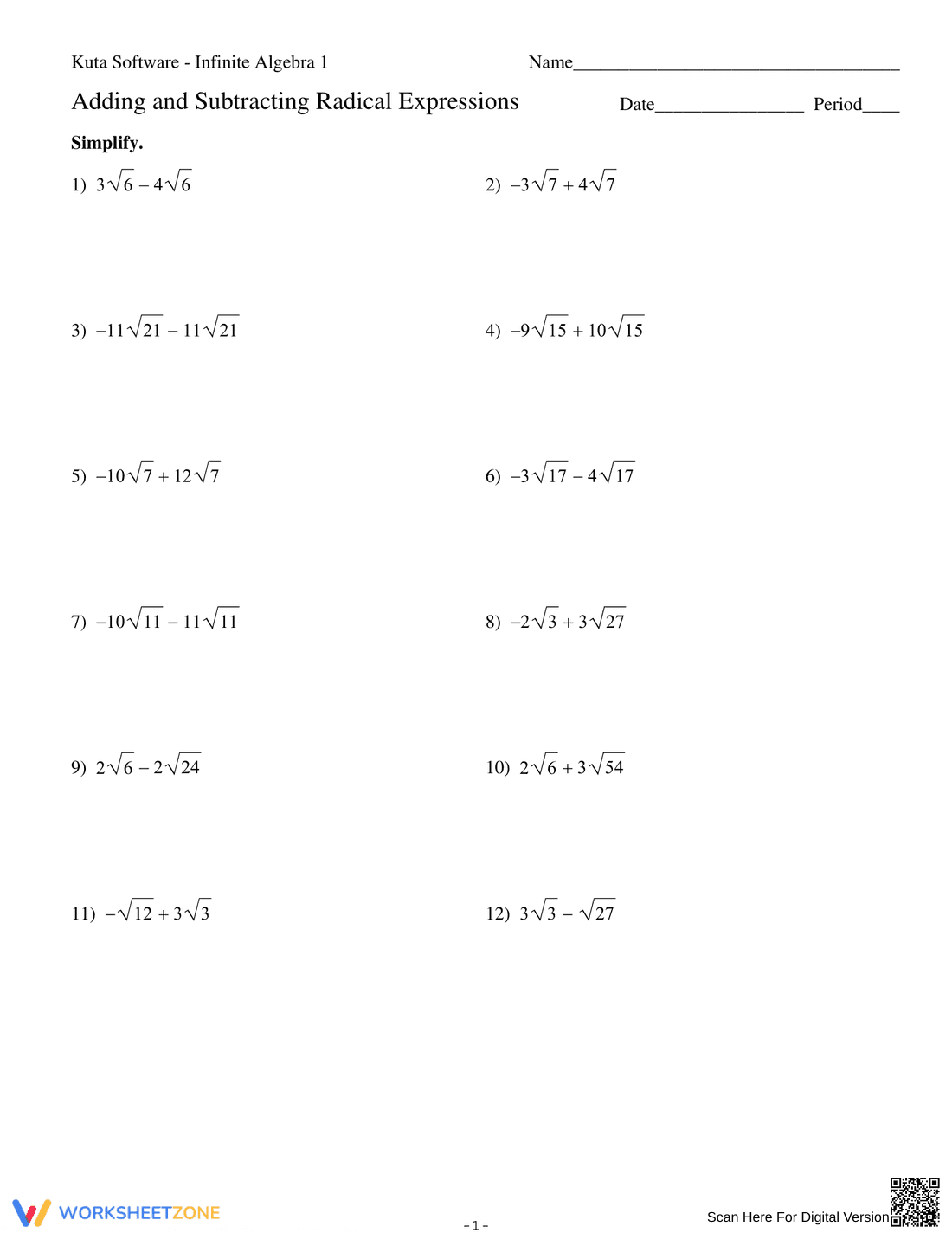 Add/Subtract Radical Expressions - Page 1