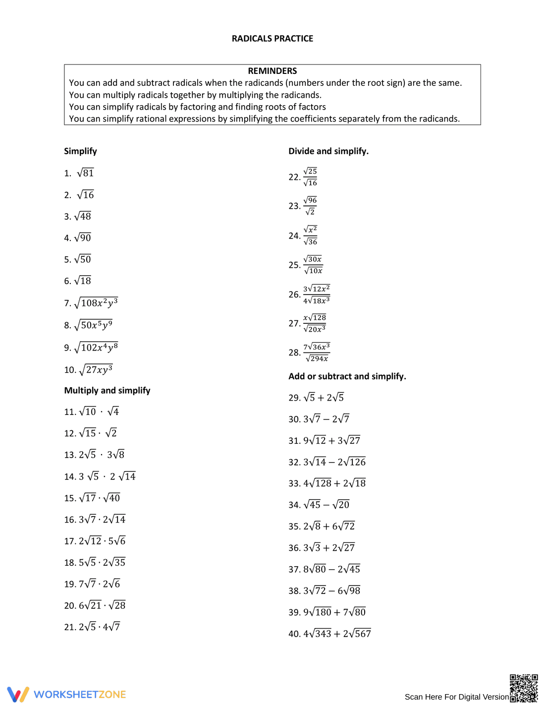 Radicals Practice Worksheet - Page 1