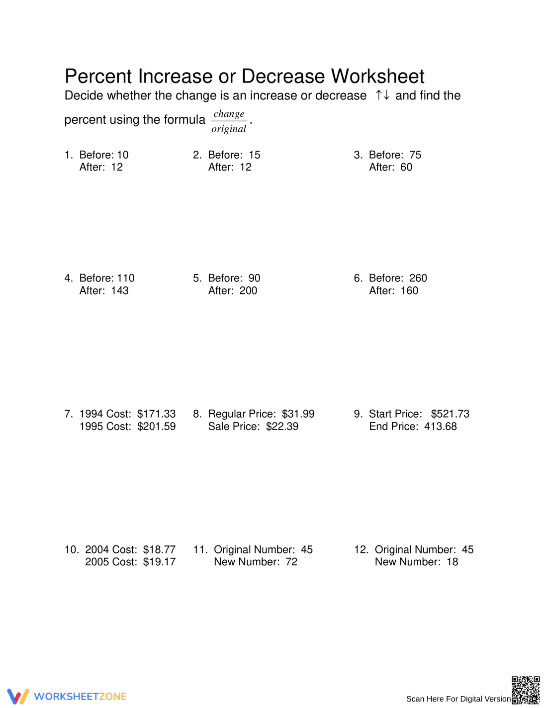 Calculate Percent Increase or Decrease Worksheet - Page 1