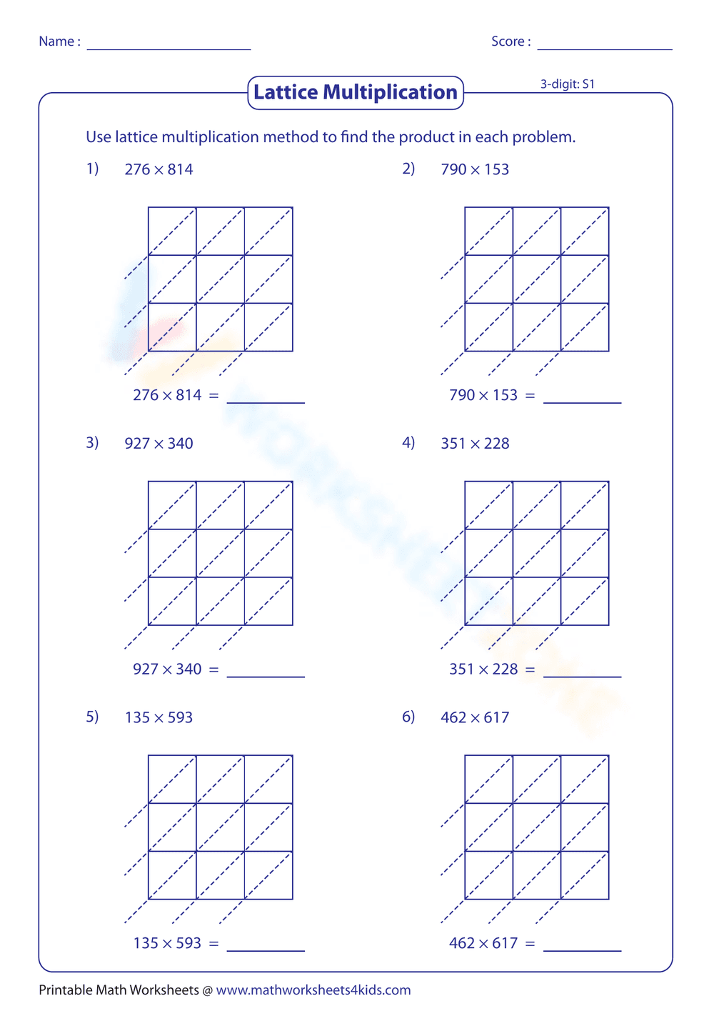 Lattice Multiplication Worksheet - Page 1