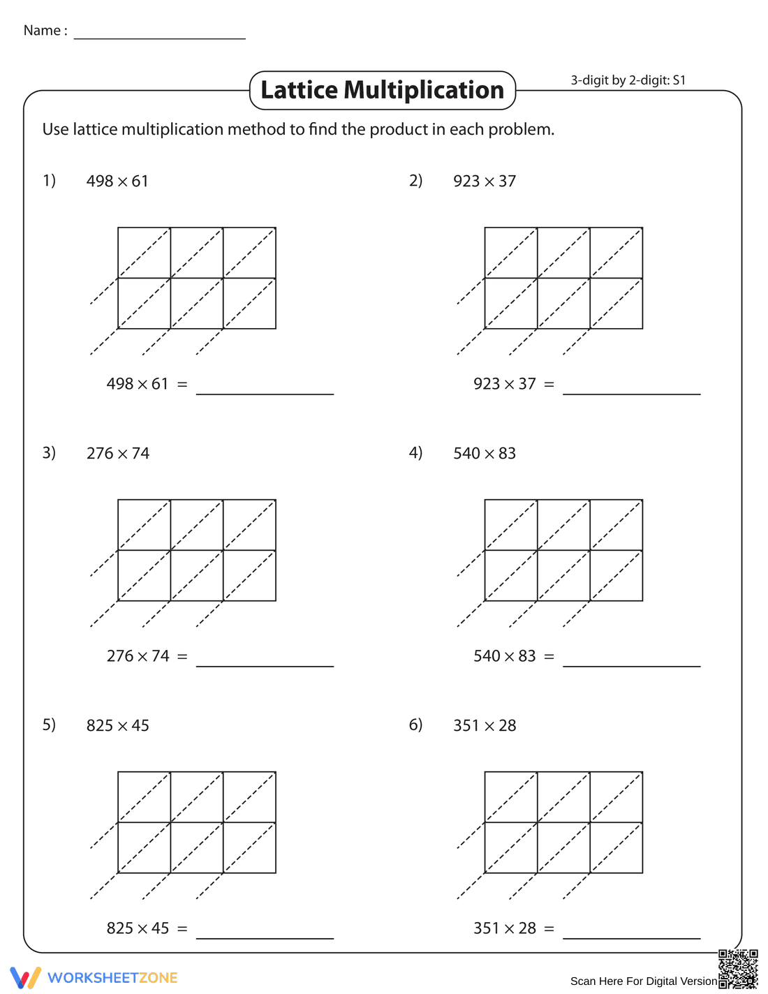Lattice Multiplication 3-Digit by 2-Digit Worksheet - Page 1