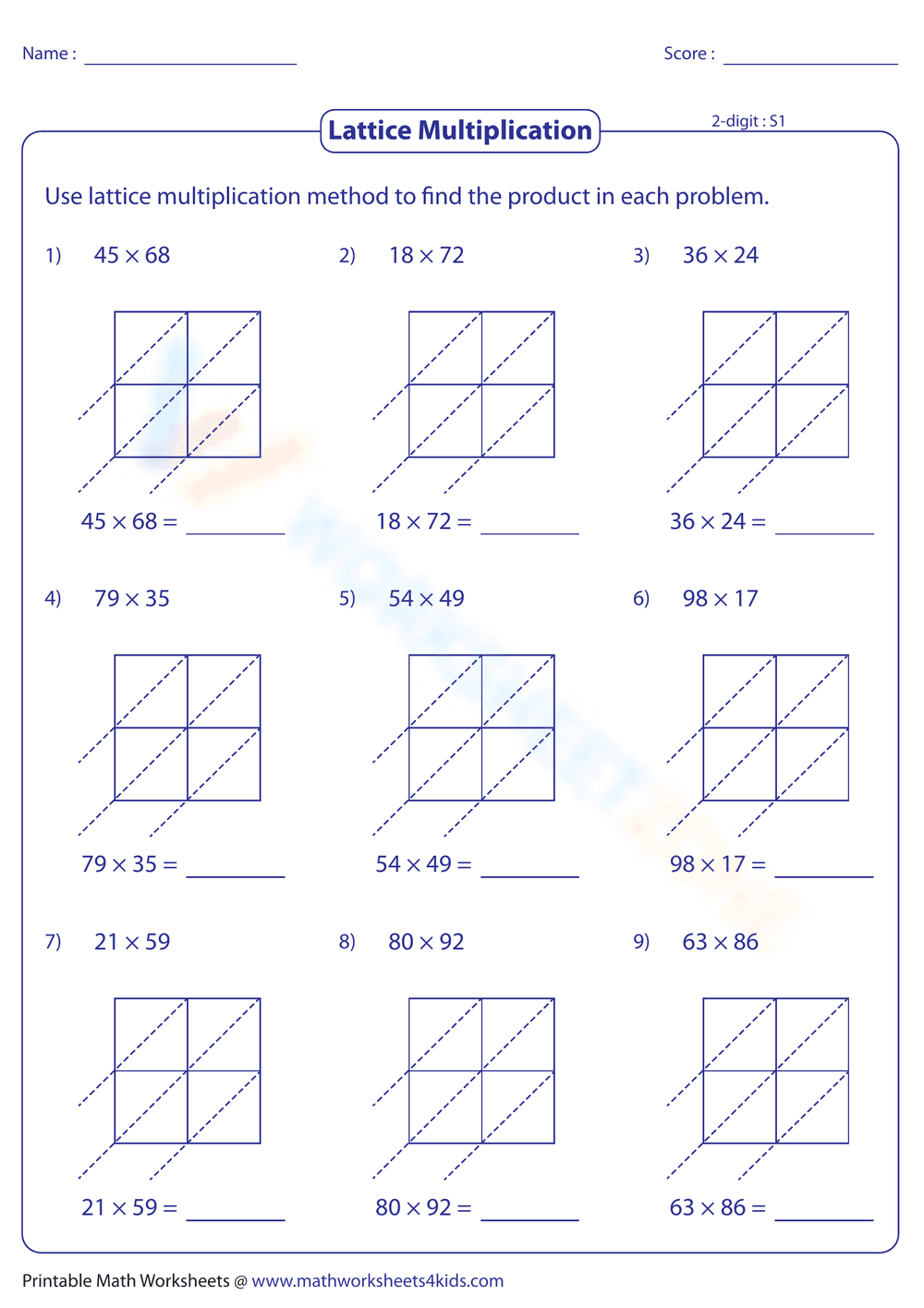 Lattice Multiplication 2-Digit Worksheet - Page 1