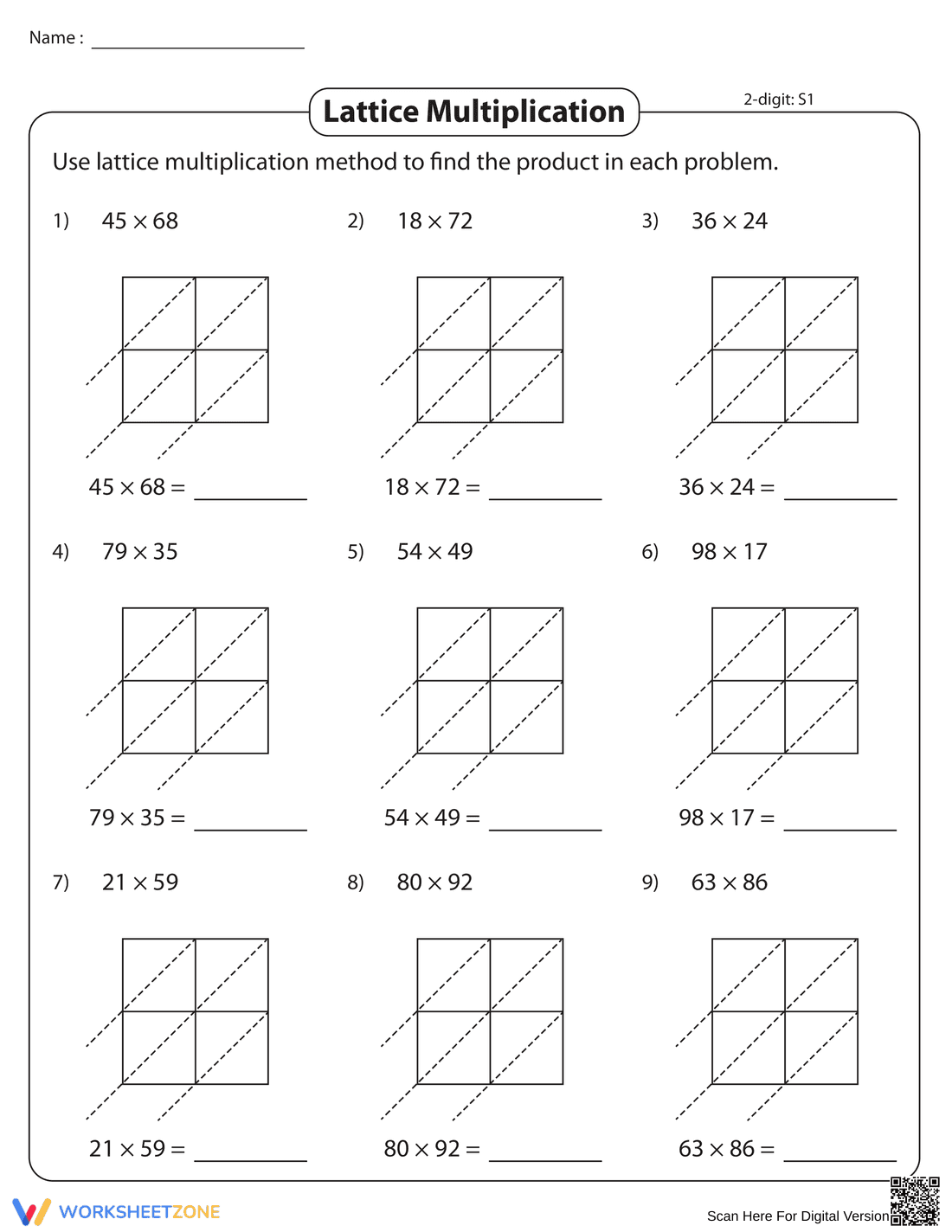 Lattice Multiplication 2-Digit Worksheet - Page 1