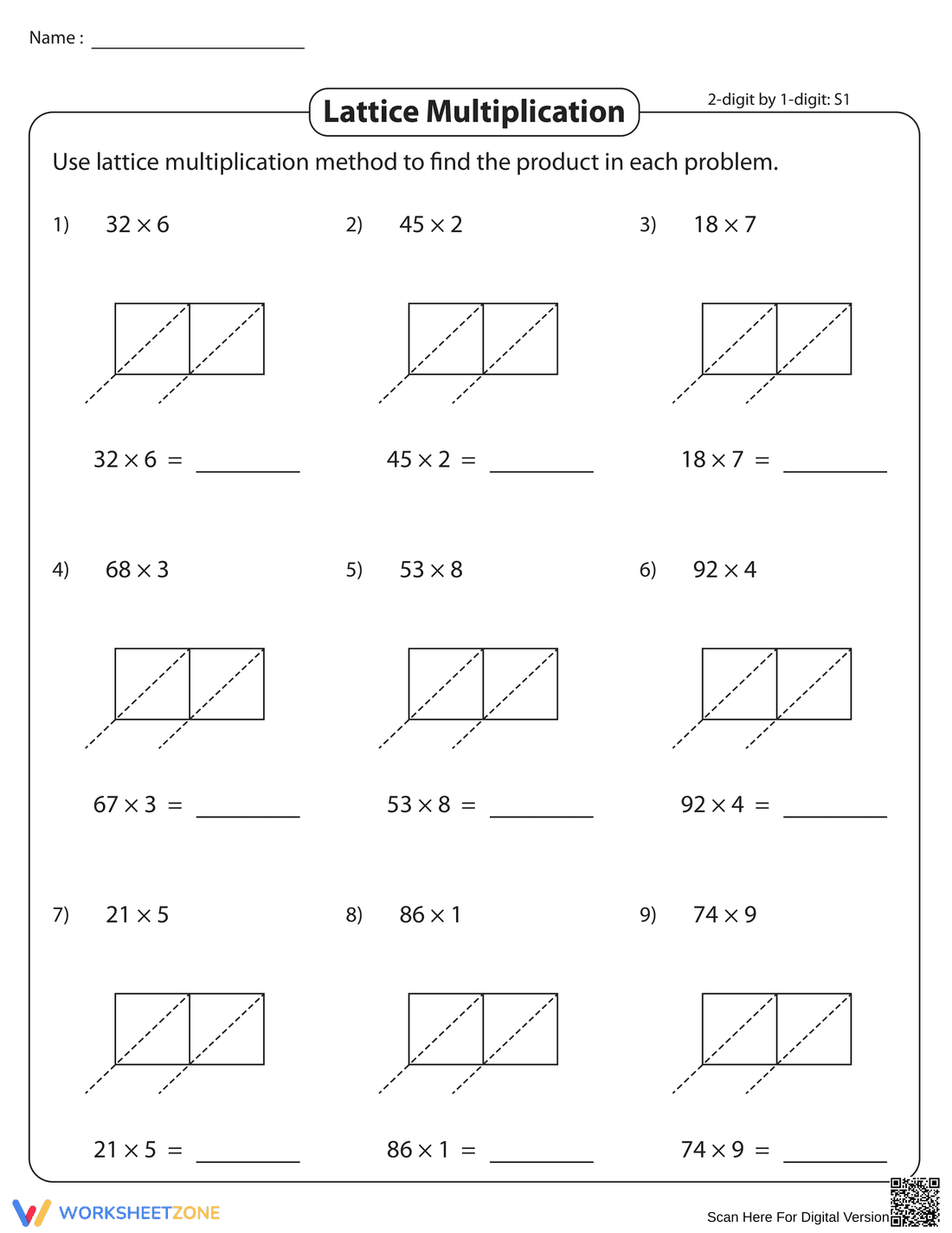 Lattice Multiplication 2-Digit by 1-Digit Worksheet - Page 1