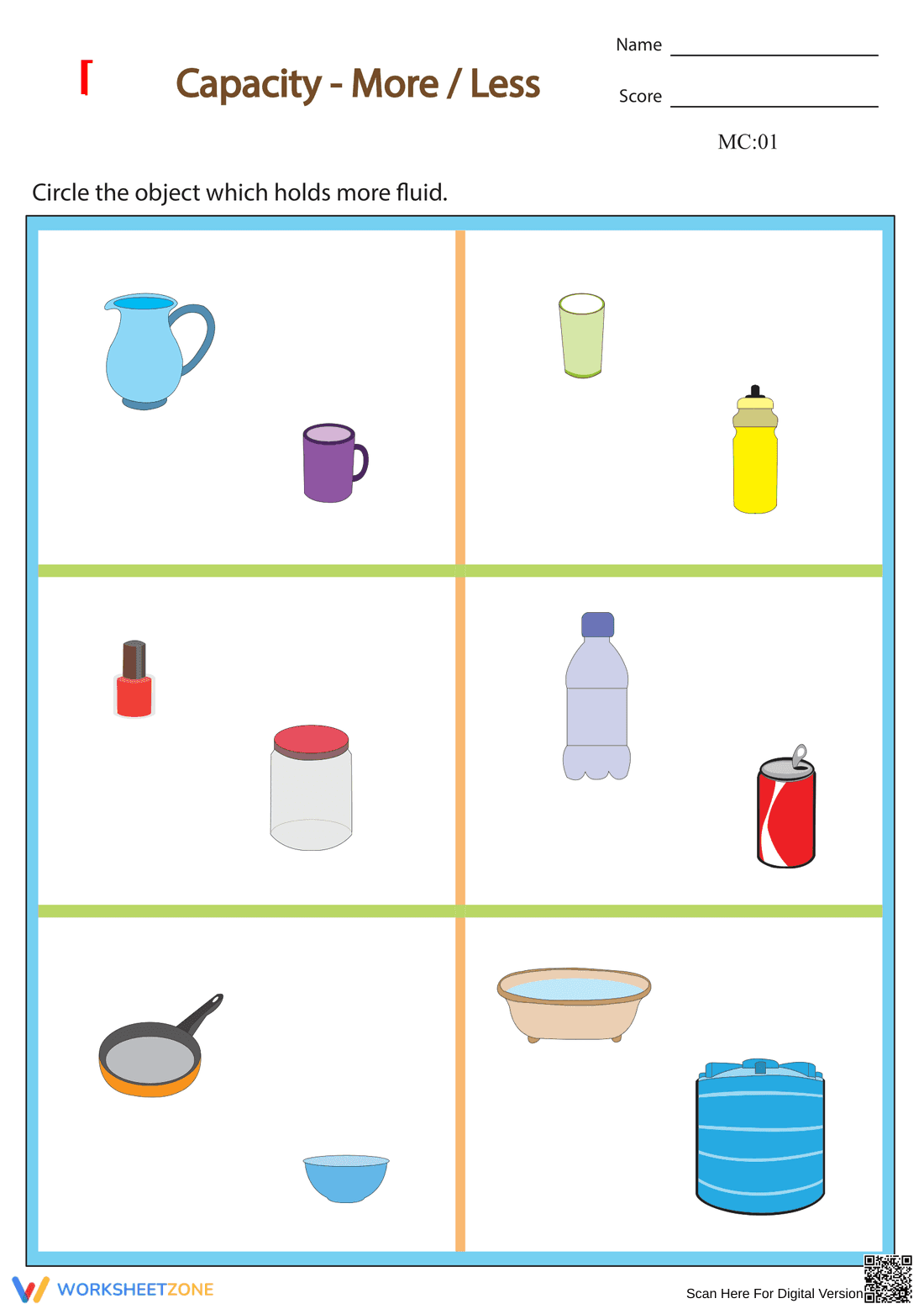 Comparing Capacity: More or Less Worksheet - Page 1