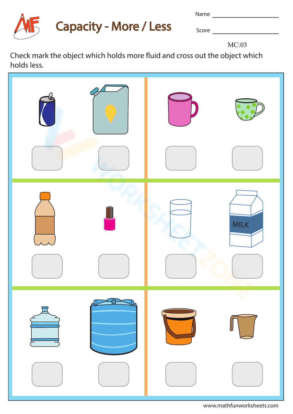 Capacity – More or Less Worksheet - Page 1
