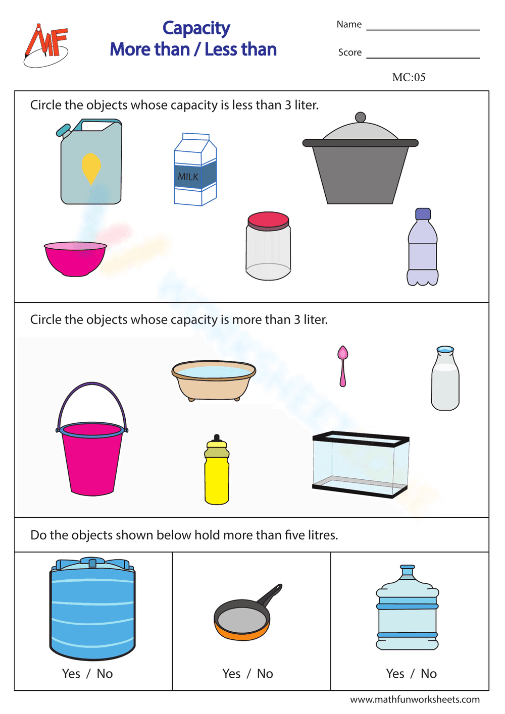 Comparing Capacity: More Than, Less Than Worksheet - Page 1