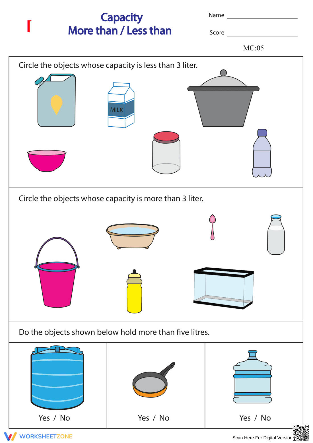 Comparing Capacity: More Than, Less Than Worksheet - Page 1