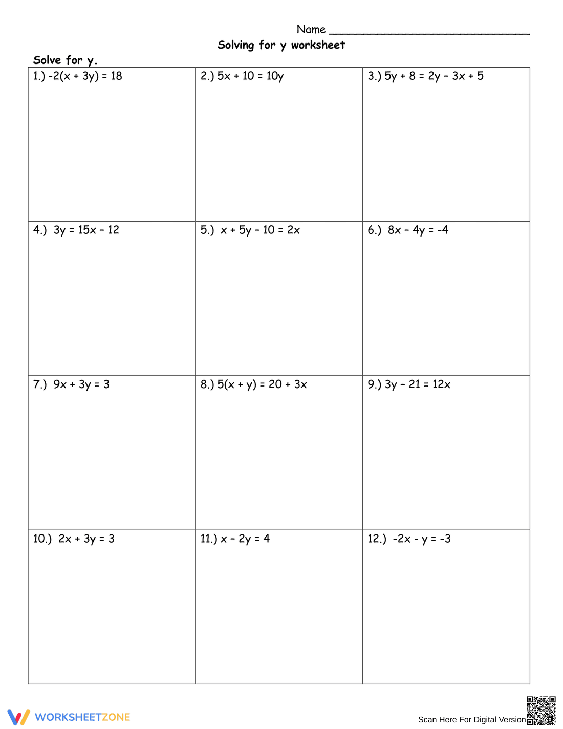 Solving for Y Worksheet - Page 1