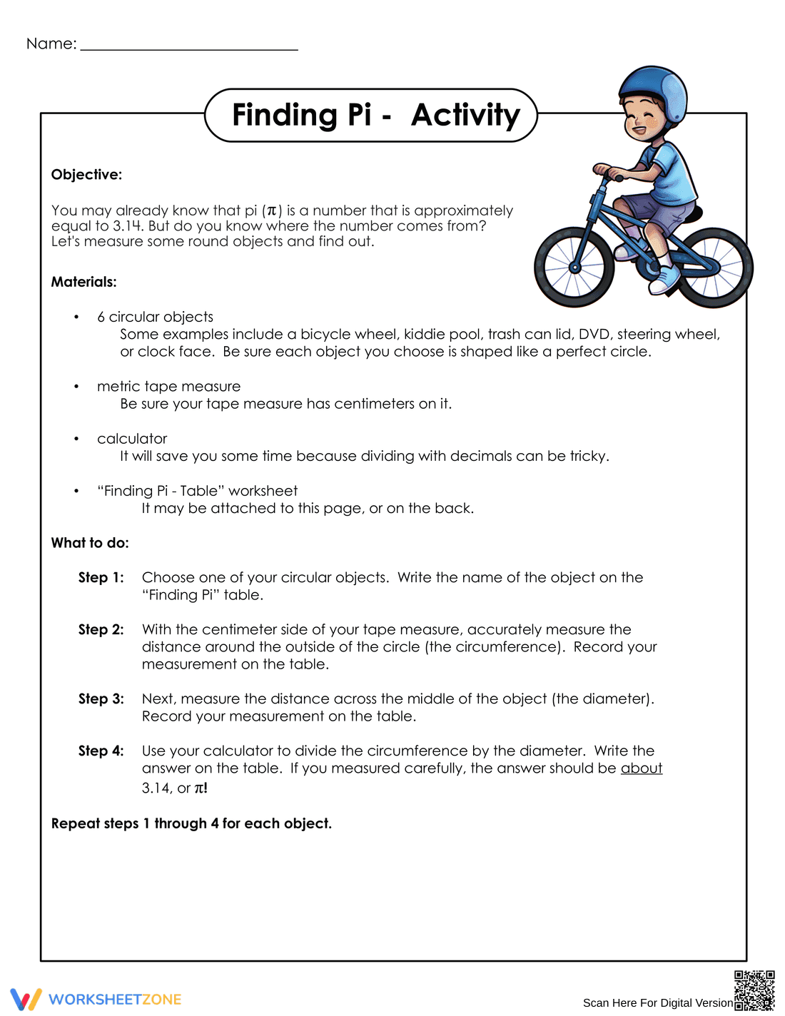 Finding Pi Worksheet - Page 1