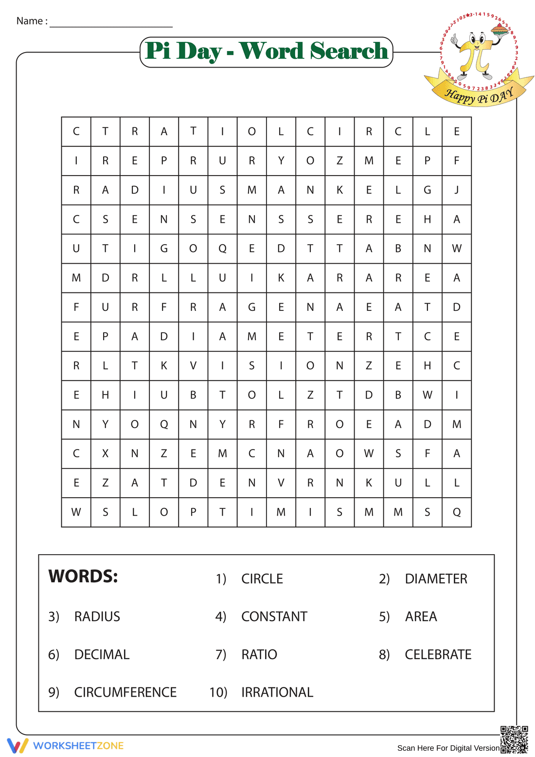 Pi Day Word Search Worksheet - Page 1