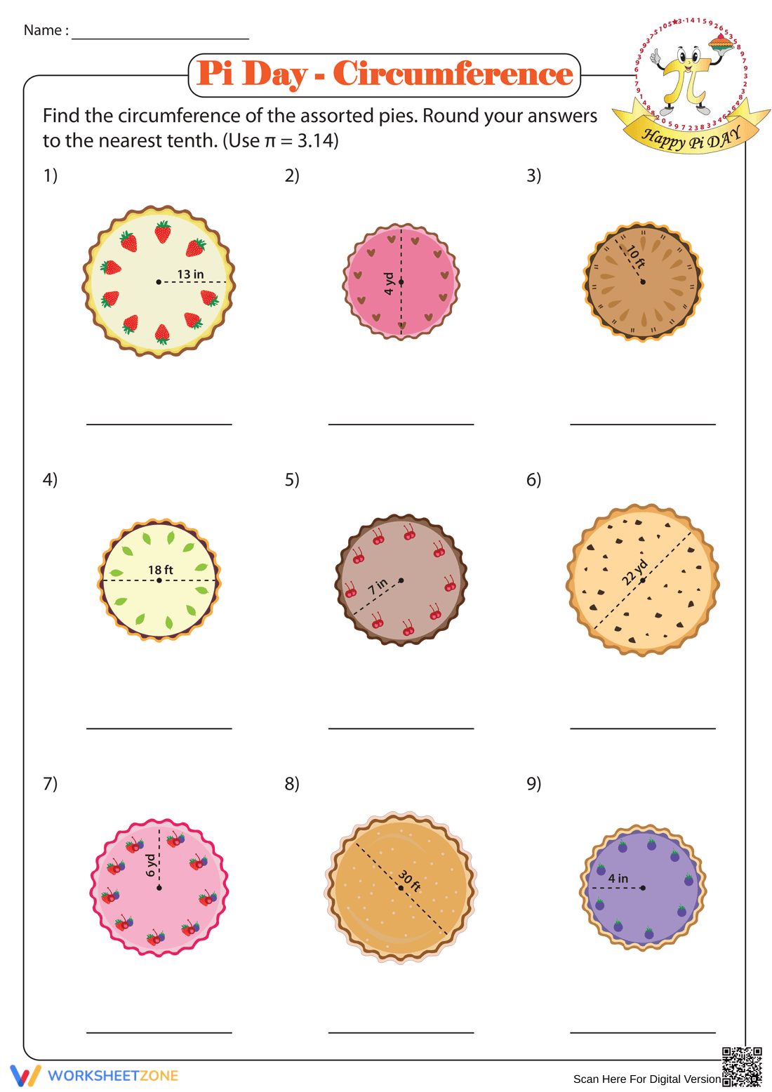 Pi Day Circumference Worksheet - Page 1