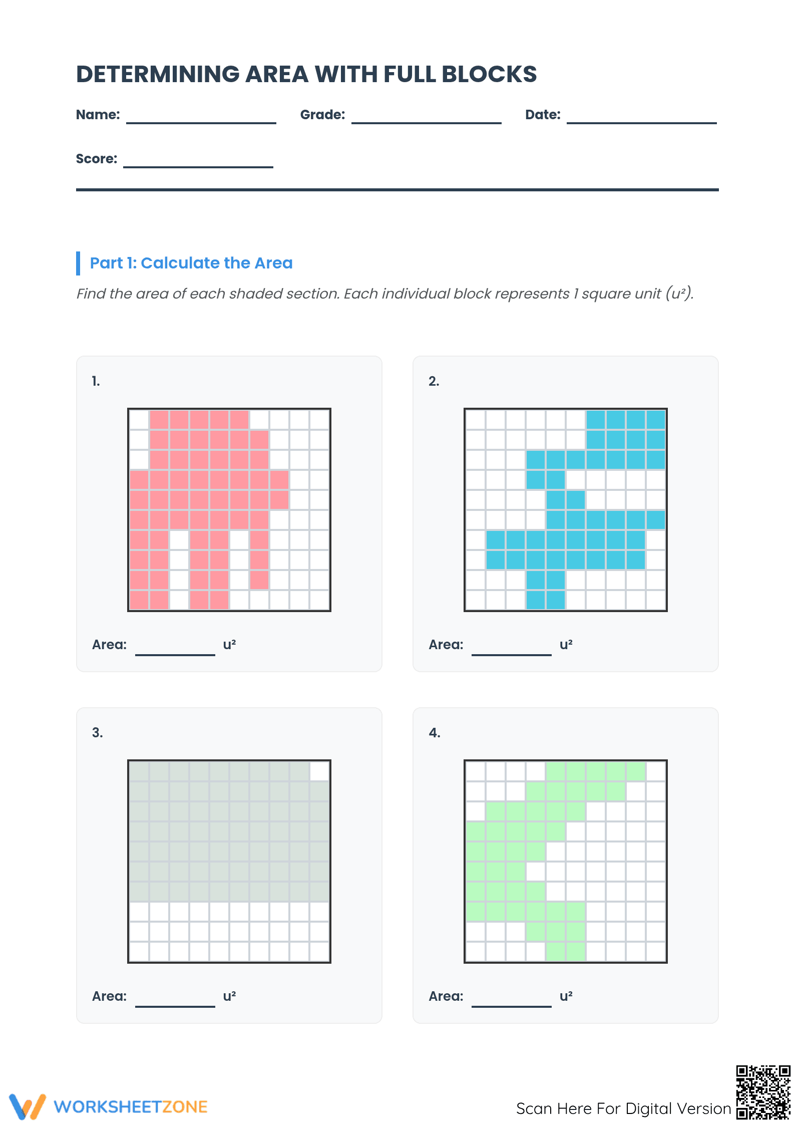Printable Area with Shaded Blocks Worksheet | Grade 7-8 Math - Page 1