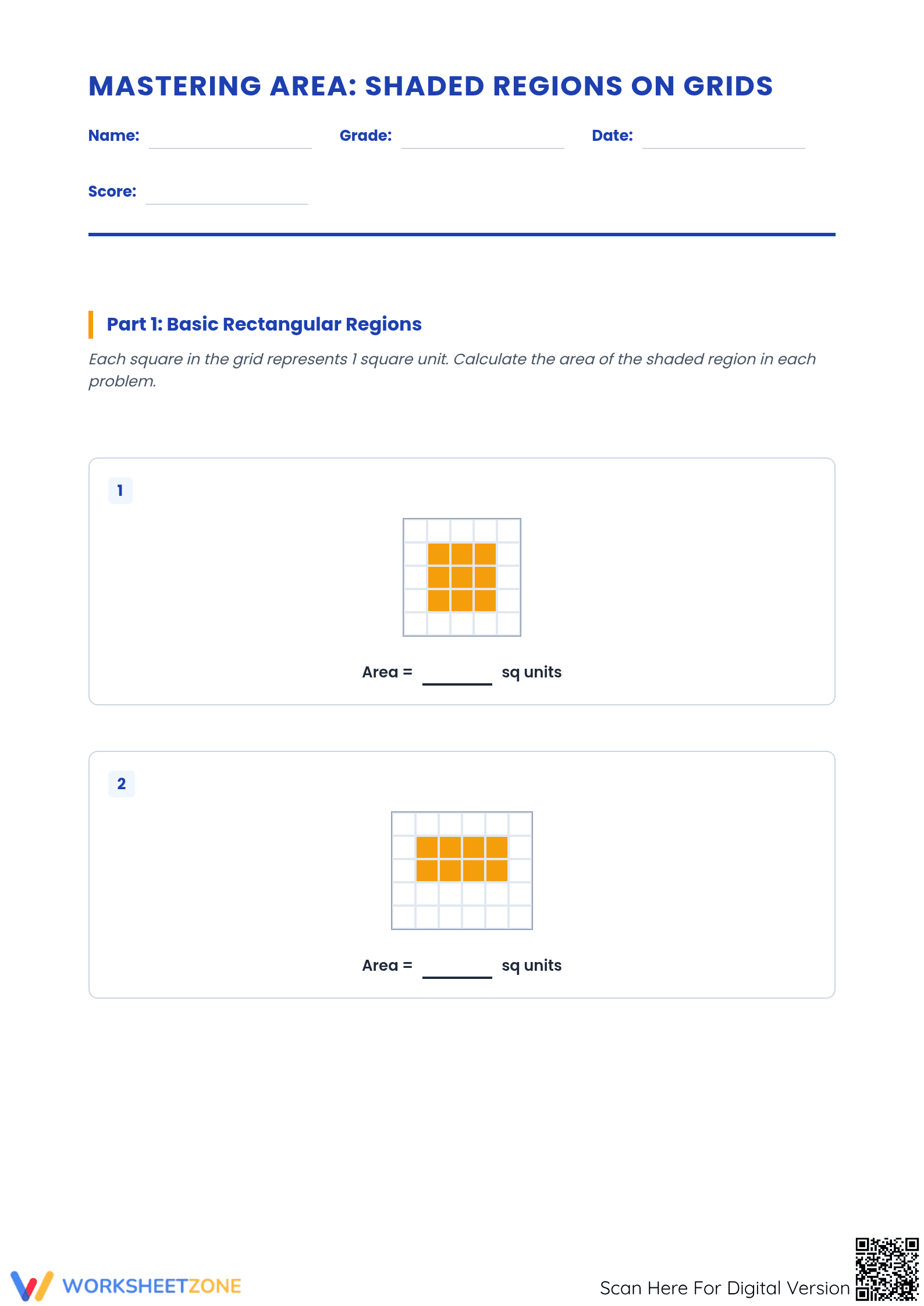 Printable Area on Grids Worksheet | Grade 7-8 Math - Page 1