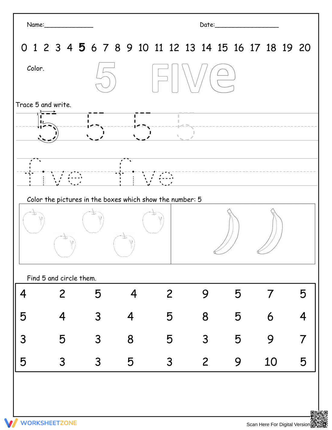 Tracing Number 5 Practice Worksheet - Page 1