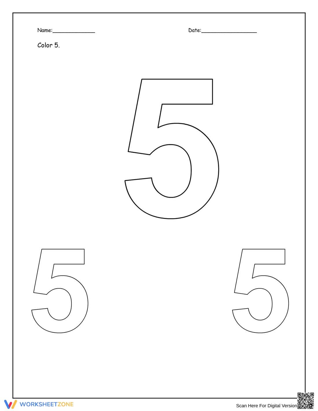 Recognizing Number Five Worksheet - Page 1