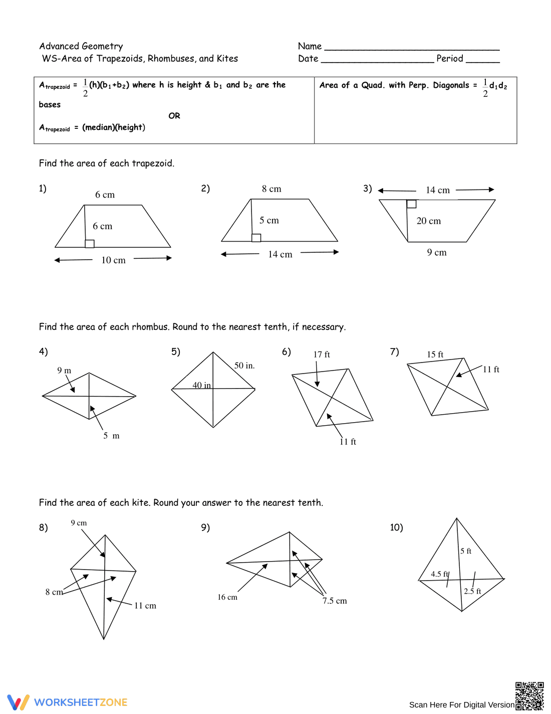Calculate Area of Trapezoids, Rhombuses, and Kites - Page 1