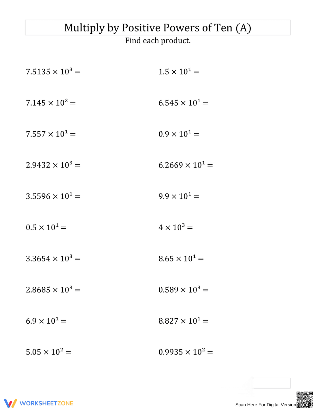 Master Multiplication by Powers of 10 - Page 1