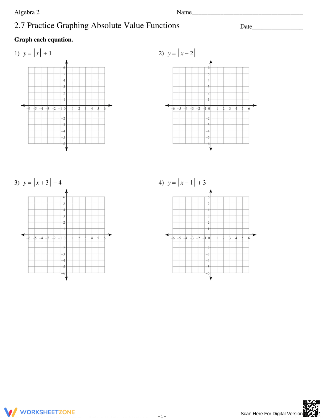 Graphing Absolute Value Functions Practice - Page 1