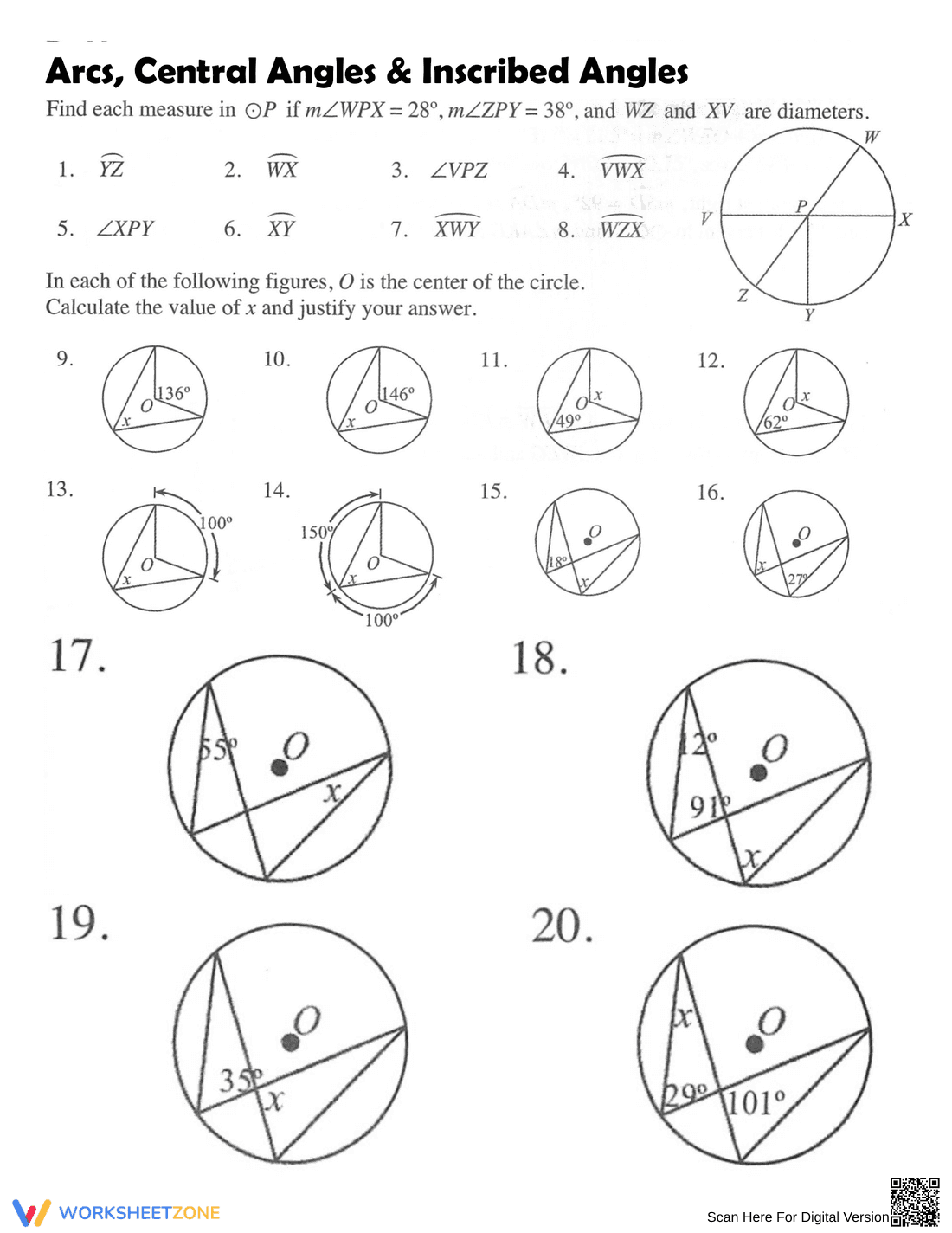 Arcs, Central Angles, and Inscribed Angles - Page 1