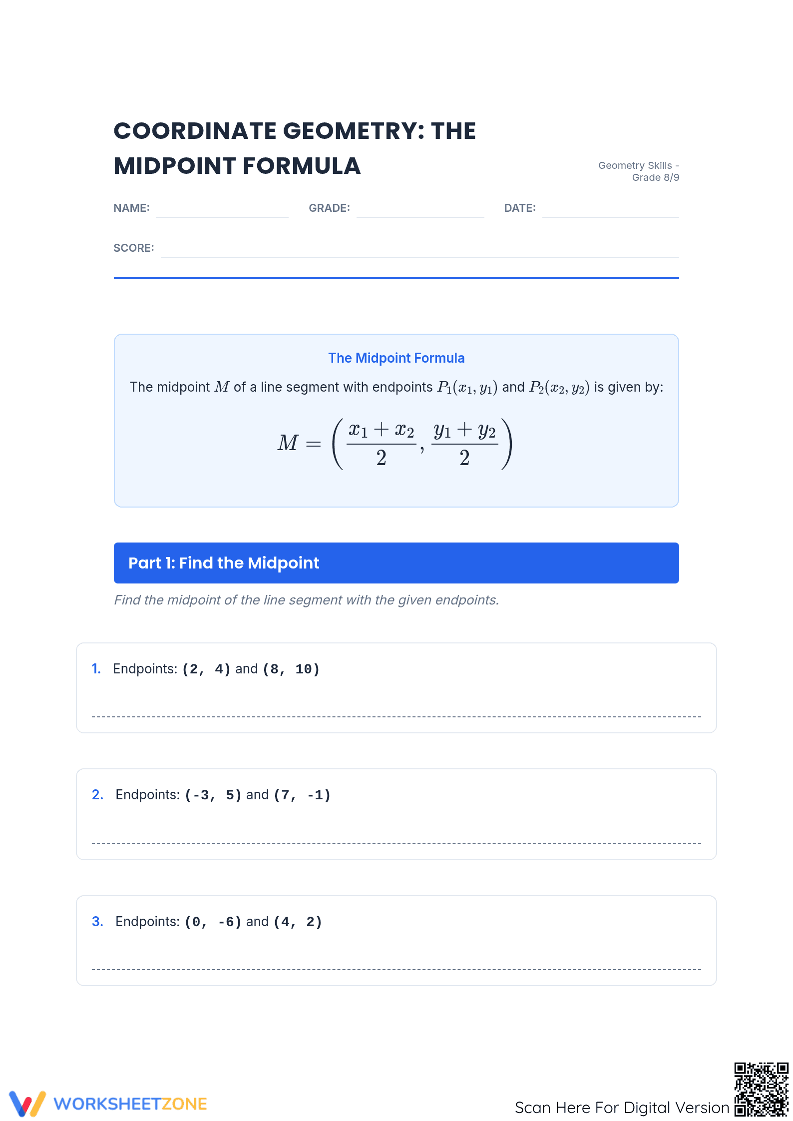 Midpoint Formula Practice Worksheet | Grade 8-9 Essential - Page 1