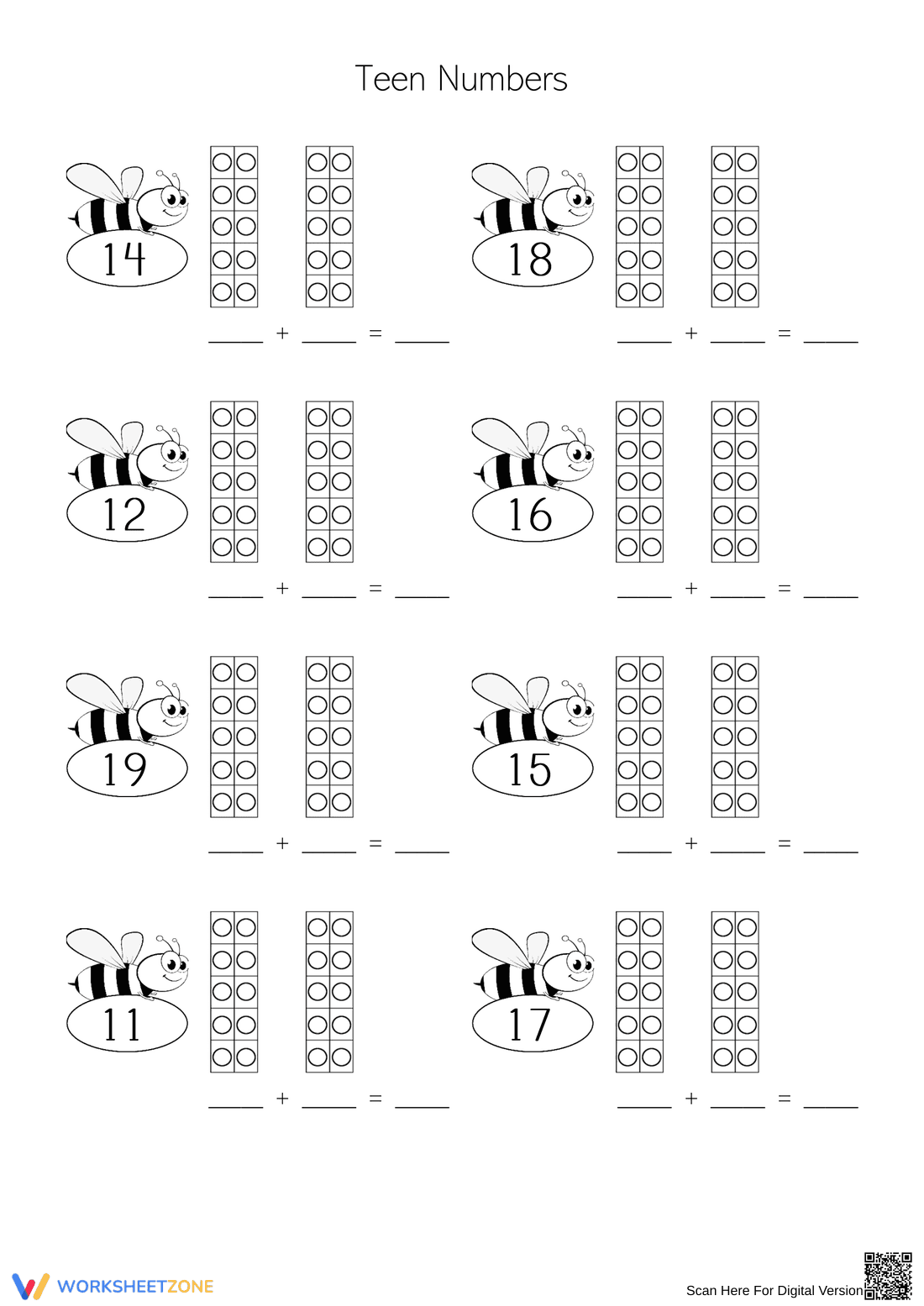 Bee Teen Numbers Worksheet - Page 1