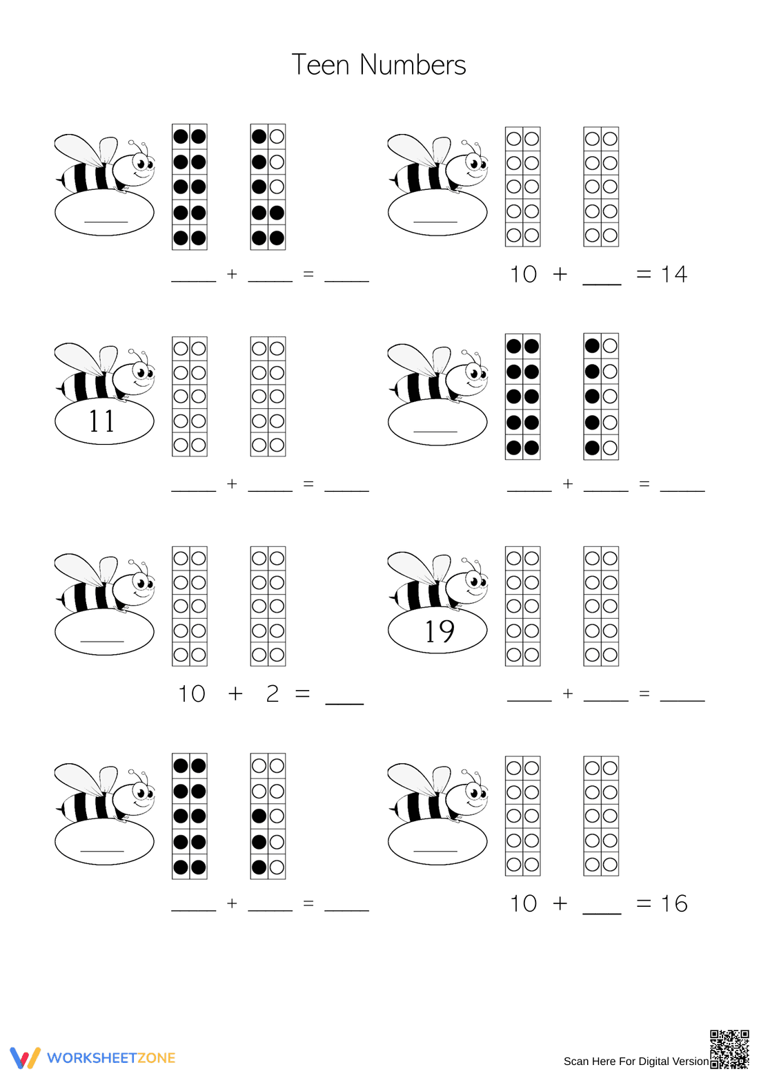 Teen Numbers Bee Writing Practice - Page 1