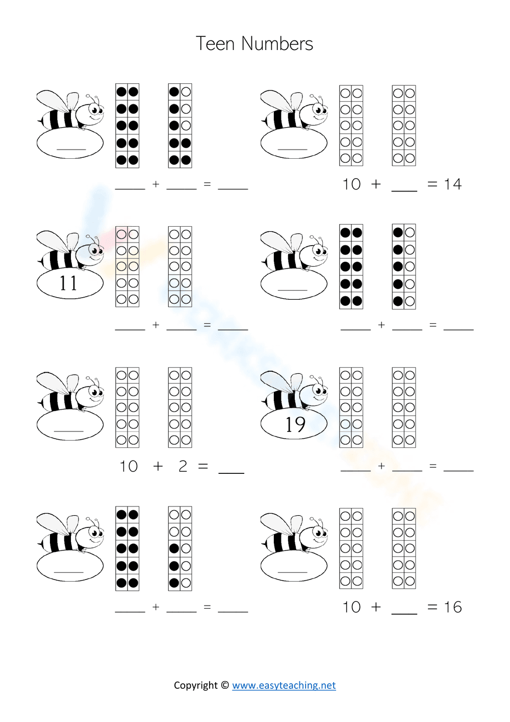 Teen Numbers Bee Writing Practice - Page 1