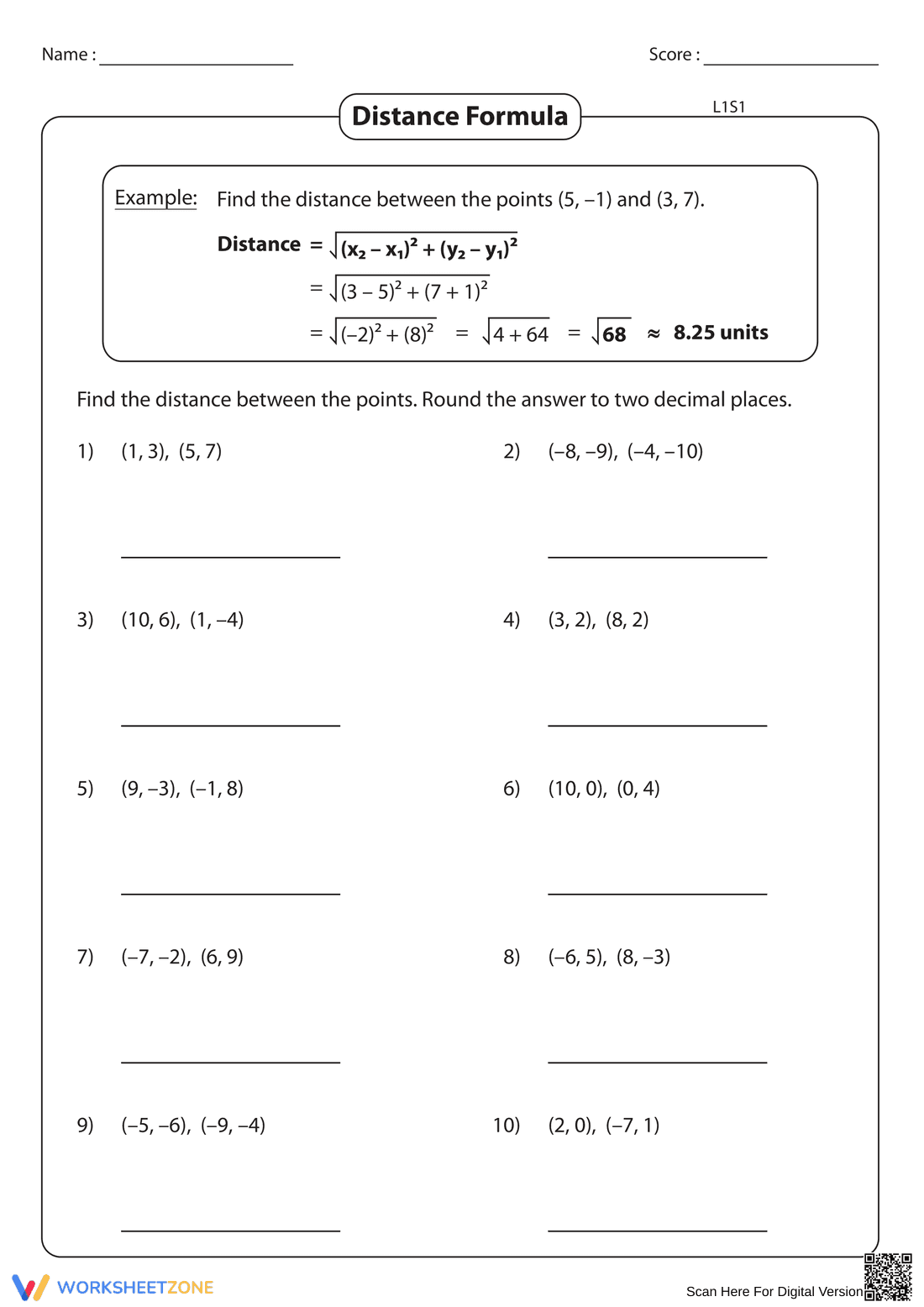 Finding Distance Between Two Points Math Worksheet - Page 1