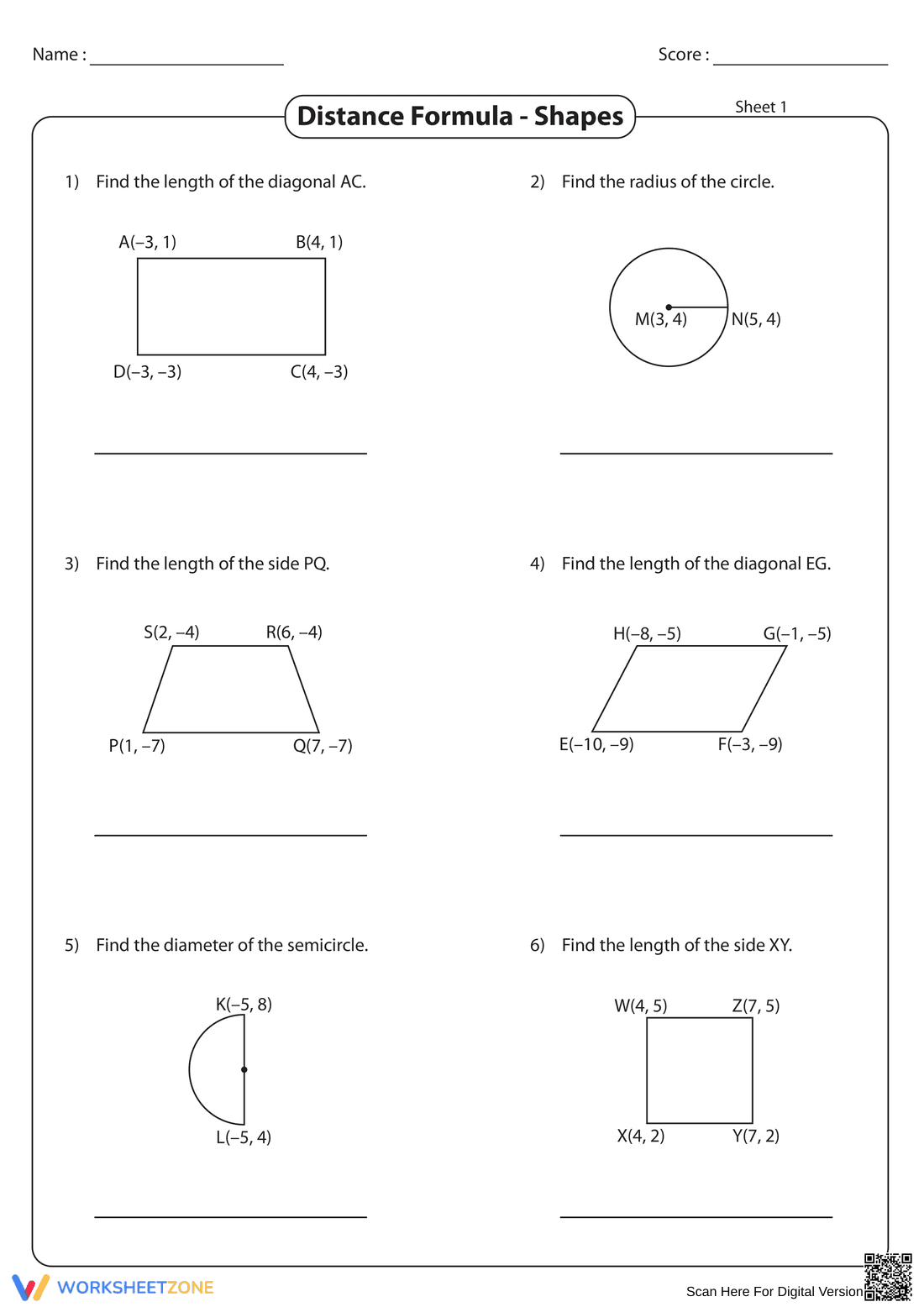 Distance Formula with Shapes Worksheet - Page 1
