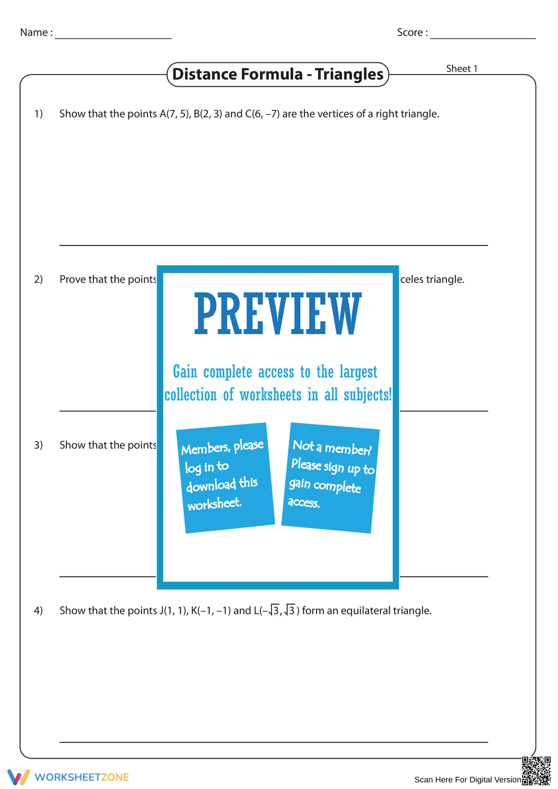 Distance Formula with Triangles Worksheet - Page 1