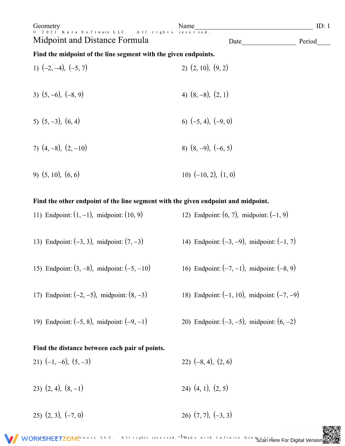 Midpoint & Distance Formula Practice - Page 1
