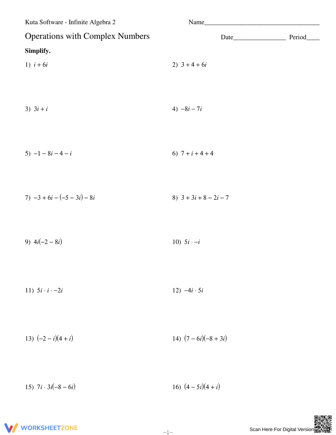 Operations with Complex Numbers Worksheet - Page 1