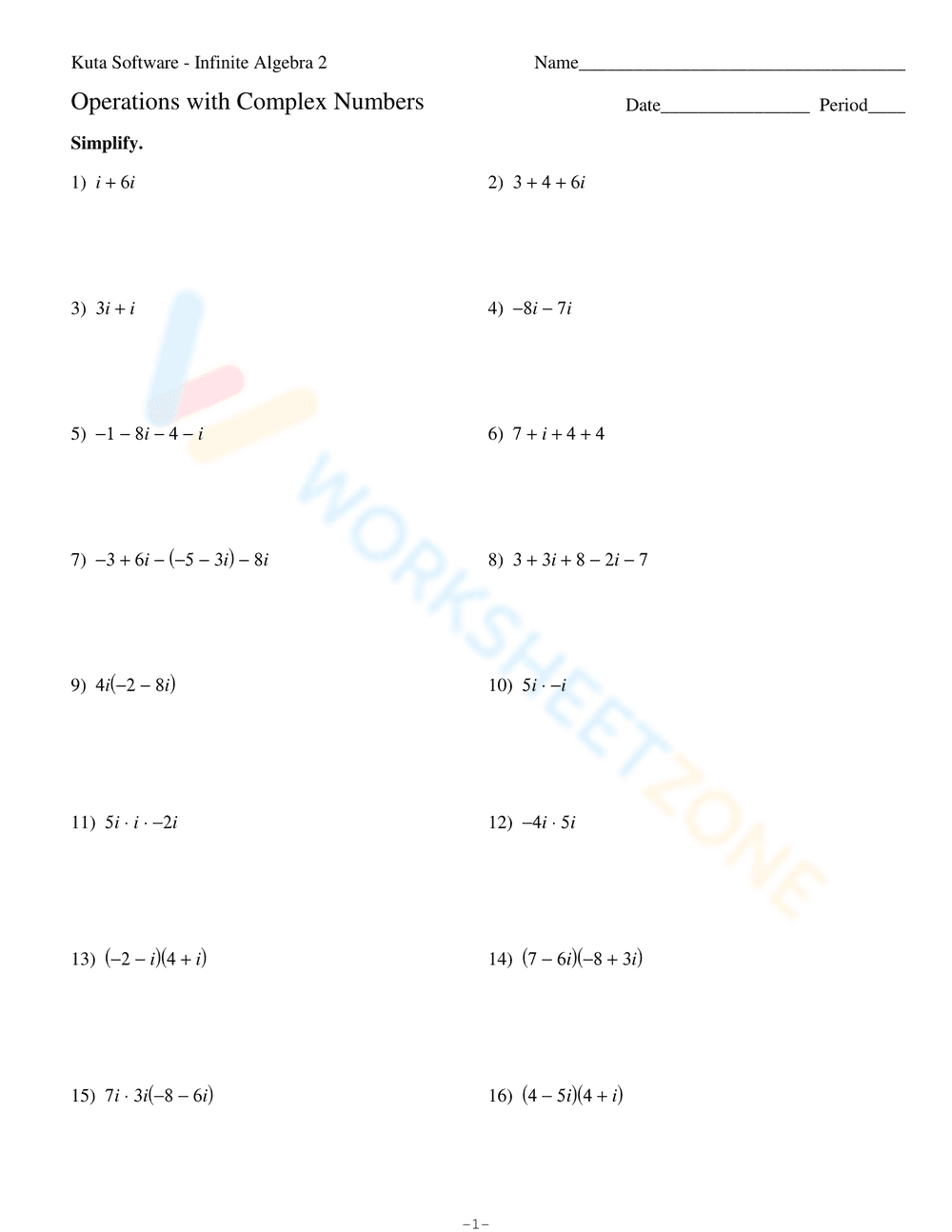 Operations with Complex Numbers Worksheet - Page 1